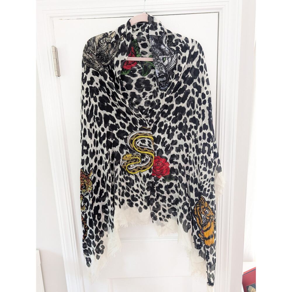 Franco Ferrari Italy Luxury Leopard & Tattoo Animal Print Scarf Wrap